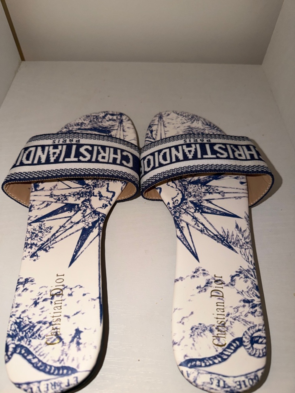 42/11w White and Blue Toile Slide Sandals
